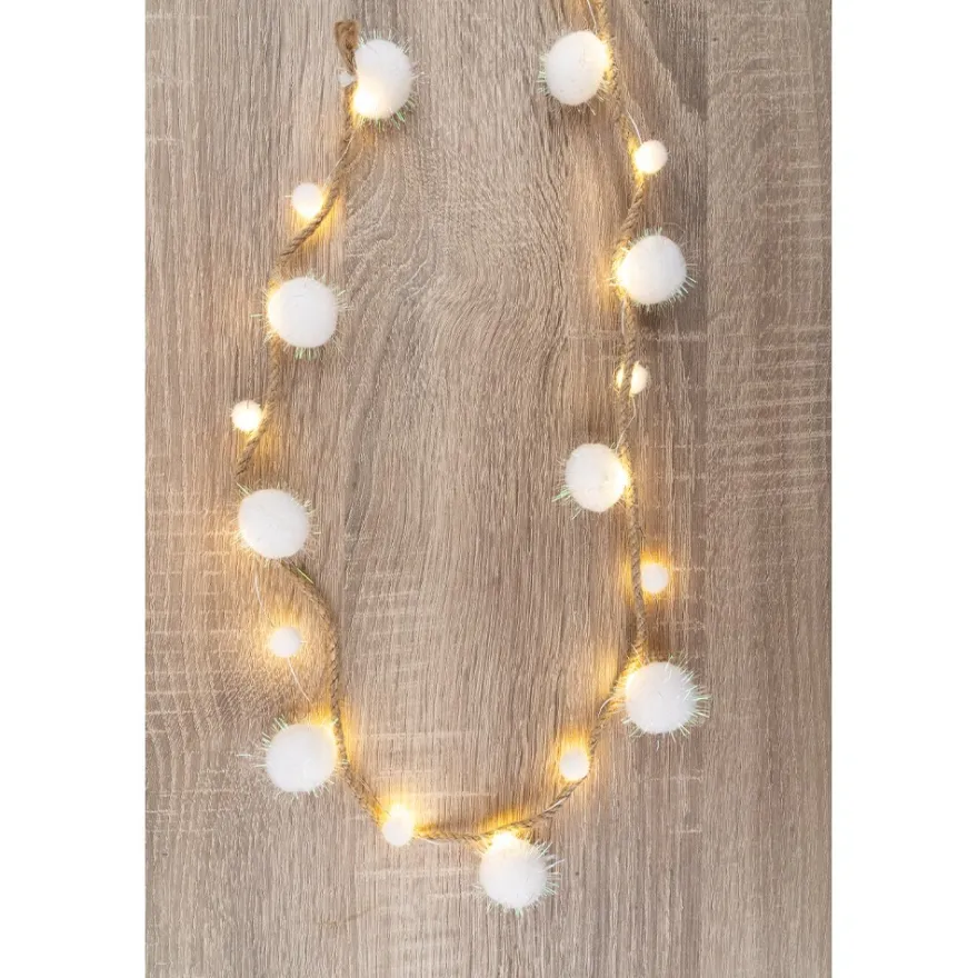 LED-Lichterkette, Pompons mit Juteband, 20 LED-Lämpchen in Warmweiß mit weiß-irisierenden Pompons