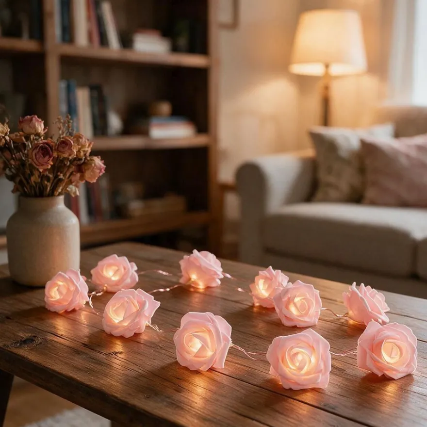 LED-Lichterkette, Rosen, rosa, 10 LED-Lämpchen in Warmweiß, inkl. Timer