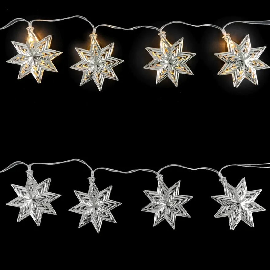 LED-Lichterkette, Sterne, Metall, 10 LEDs in Warmweiß, mit Timer