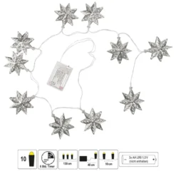 LED-Lichterkette, Sterne, Metall, 10 LEDs in Warmweiß, mit Timer