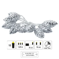 LED-Lichterkette Tannenzapfen, silber, 10 LEDs in Warmweiß, 1,20m lang, Timer
