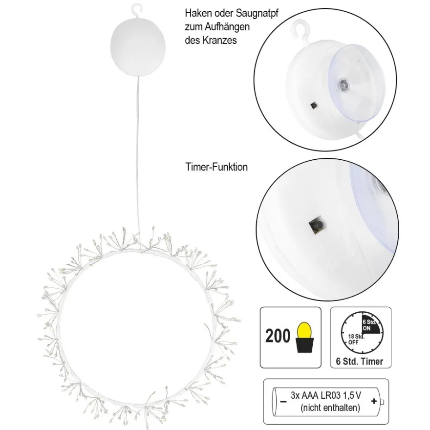LED-Lichterkranz, Ø23cm, 20 Bündel mit je 10 LEDs, warmweiß, inkl. Timer