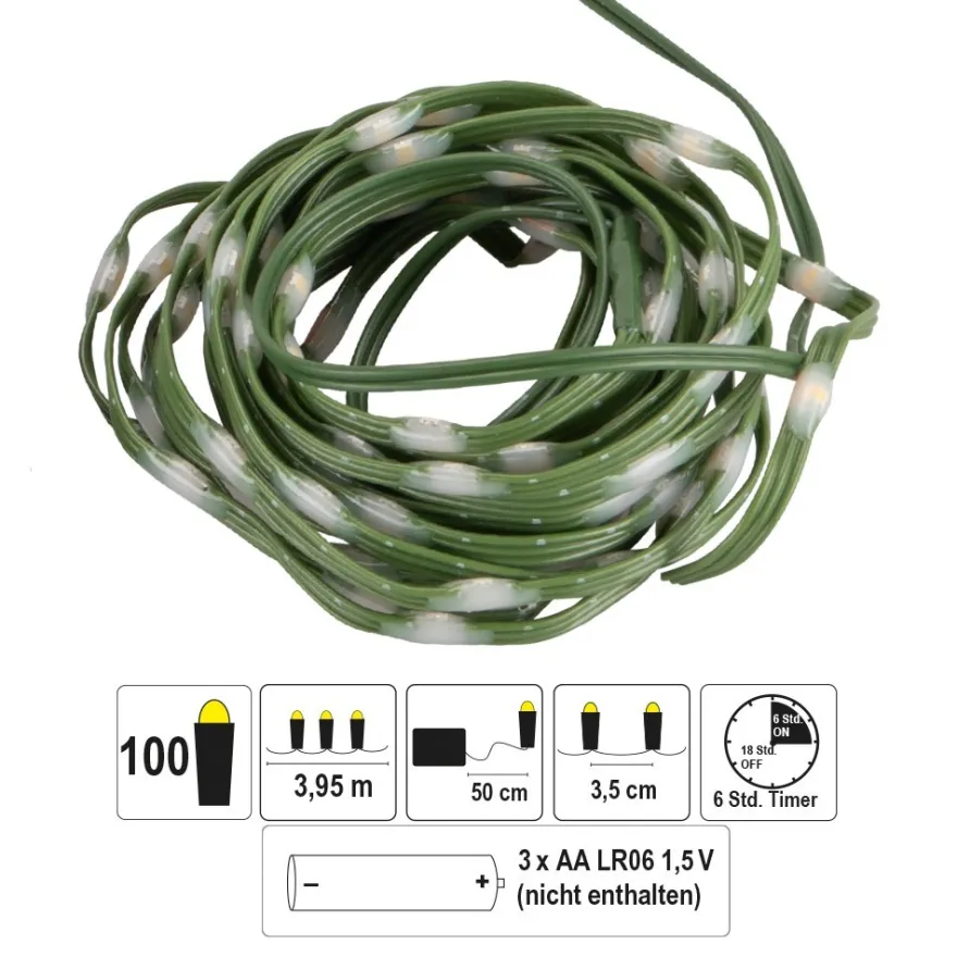 LED-Micro-Lichterkette, warmweiß, inkl. Timer, grünes Soft-Kabel, 100er