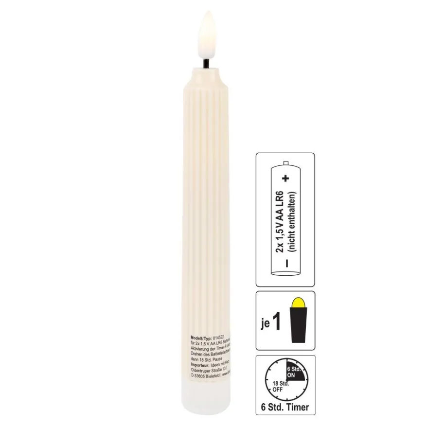 LED-Stabkerzen, creme, Ø2cm, 19cm hoch, LED in warmweiß, mit Flacker-Effekt und Timer, 2 Stück