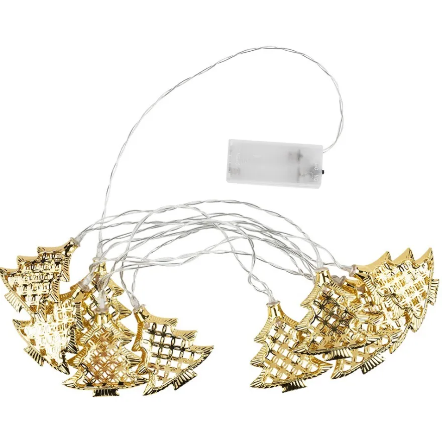 LED-Tannenbaum-Lichterkette, 10 LED-Lämpchen warmweiß mit goldenen Tannenbäumen