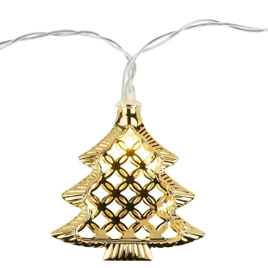 LED-Tannenbaum-Lichterkette, 10 LED-Lämpchen warmweiß mit goldenen Tannenbäumen