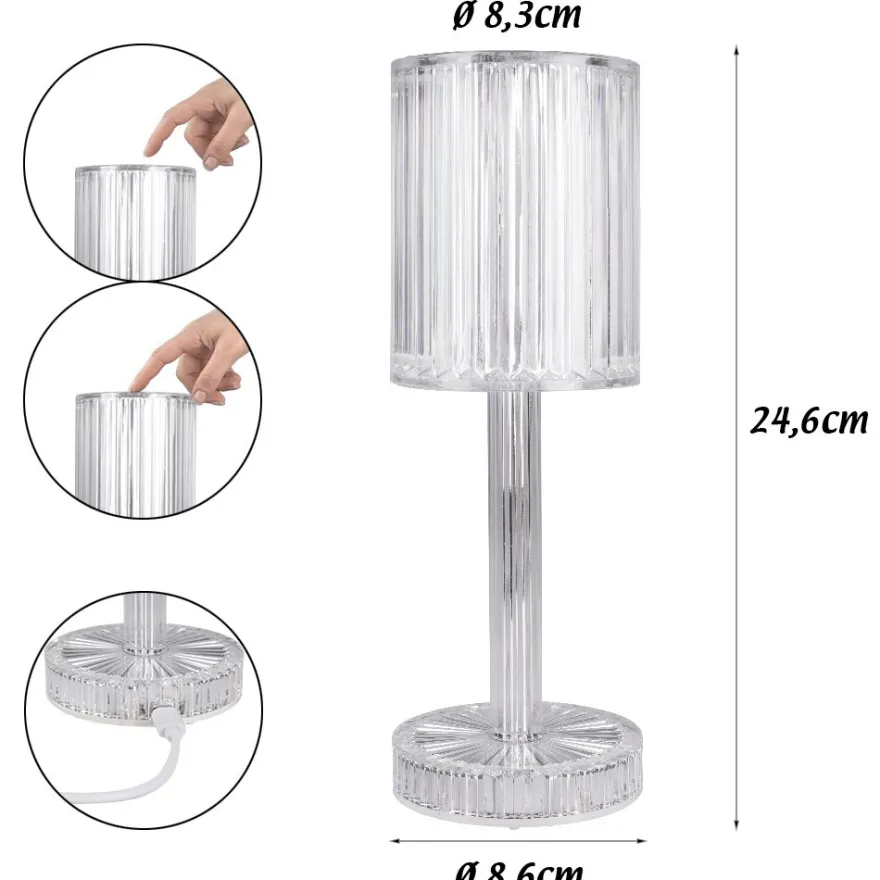 LED-Tischlampe, Kristalloptik 2, 24,6cm hoch, dimmbar, wiederaufladbar