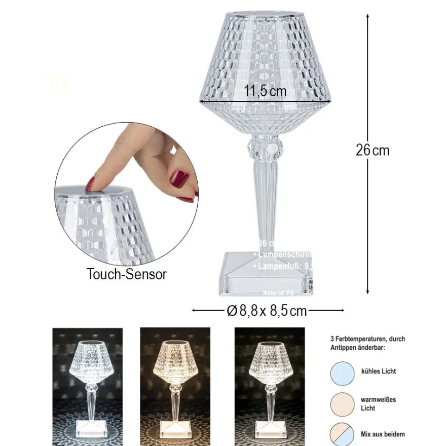 LED-Tischlampe, Kristalloptik 3, 26cm hoch, dimmbar, wiederaufladbar