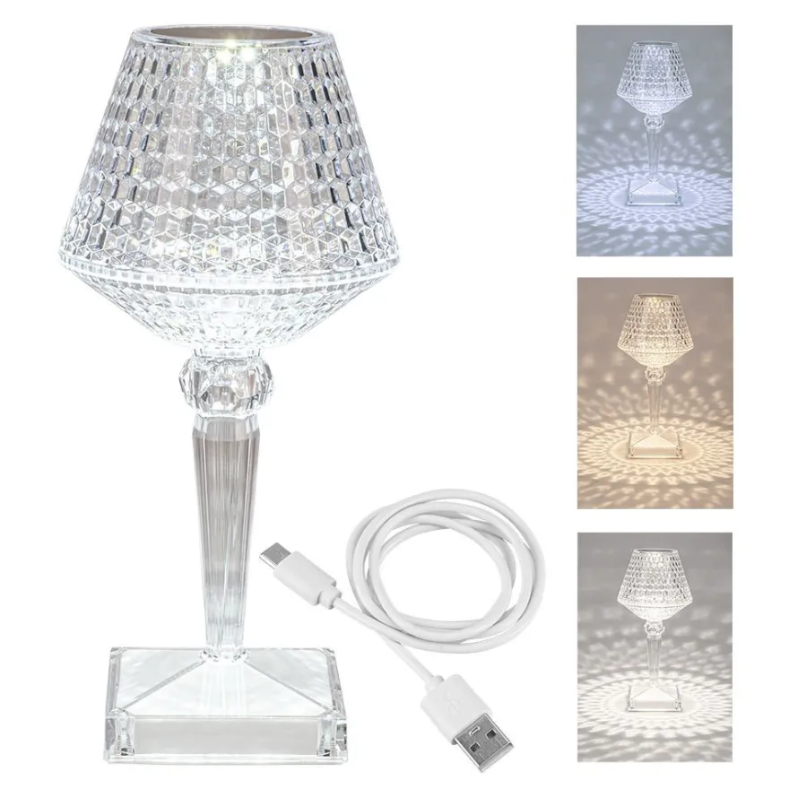 LED-Tischlampe, Kristalloptik 3, 26cm hoch, dimmbar, wiederaufladbar