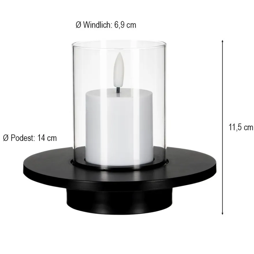 LED-Windlicht auf Podest, 11,5cm hoch, warmweißes LED-Licht mit Flammen-Effekt, inkl. Timer