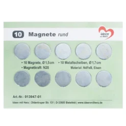Magnete rund, 10 Magnete Ø 1,5cm, 10 Metallscheiben Ø 1,7cm, 10 Stück