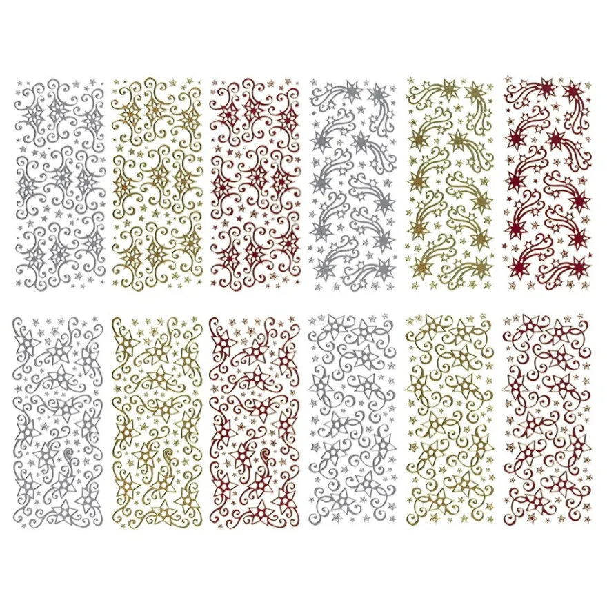 Microglitter-Sticker, Sterne, verschiedenen Designs & Farben, 12 Bogen