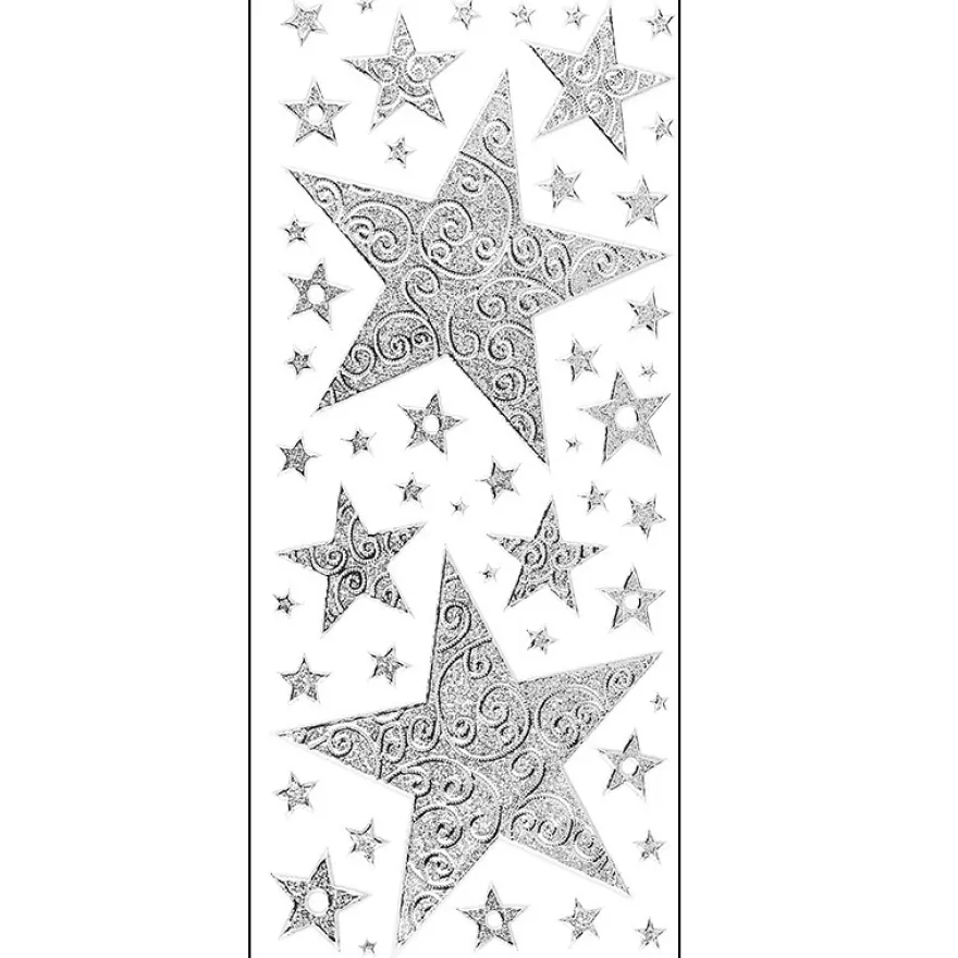 Microglitter-Sticker, Sterne mit Schnörkel-Ornamentik, silber