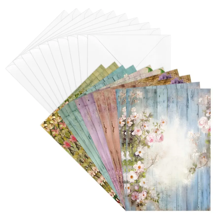 Motiv-Grußkarten, Holzoptik & Blumen, 5 Designs, 10,5cm x 14,8cm, inkl. Umschläge, 10 Stück