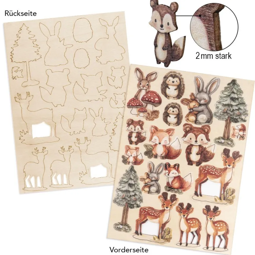 Motiv-Holz-Laserbogen, Blumen, Tiere & Co., DIN A4, 2mm stark, farbig bedruckt, 5 Stück