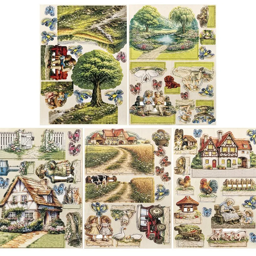 Motiv-Holz-Laserbogen, Land-Idylle, DIN A4, 2mm stark, farbig bedruckt, 5 Stück