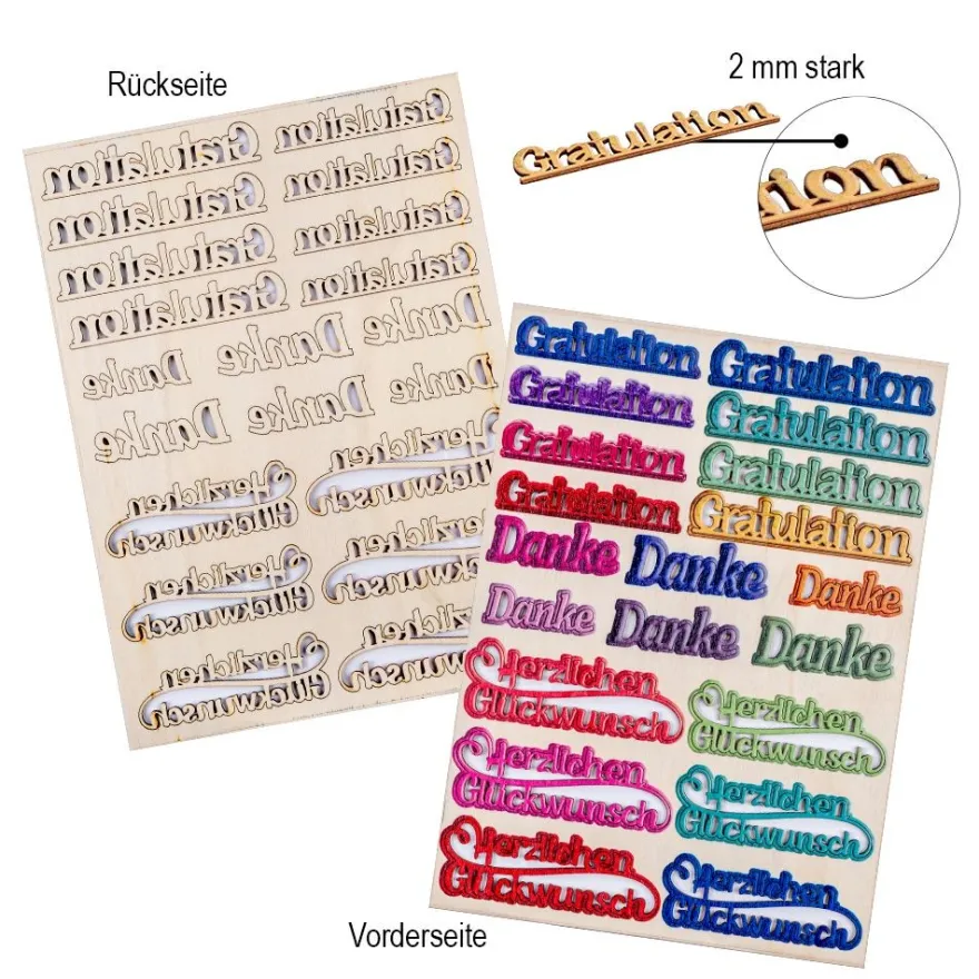 Motiv-Holz-Laserbogen, Schriften, DIN A4, 2mm stark, farbig bedruckt, 5 Stück