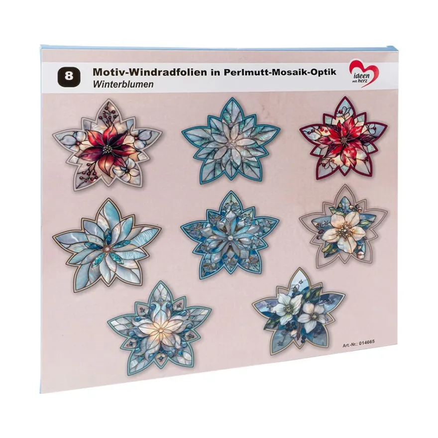 Motiv-Windradfolien, Perlmutt-Mosaik-Optik, Winterblumen, 28cm x 26,5cm, 8 Designs, 8 Stück