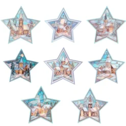 Motiv-Windradfolien, Perlmutt-Mosaik-Optik, Sterne, Winterdörfer, 23,8cm x 24,9cm, 8 Designs, 8 Stk