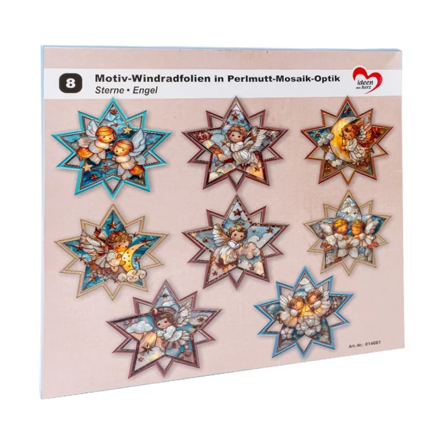 Motiv-Windradfolien, Perlmutt-Mosaik-Optik, Sterne, Engel, 24,9cm x 25cm, 8 Designs, 8 Stück