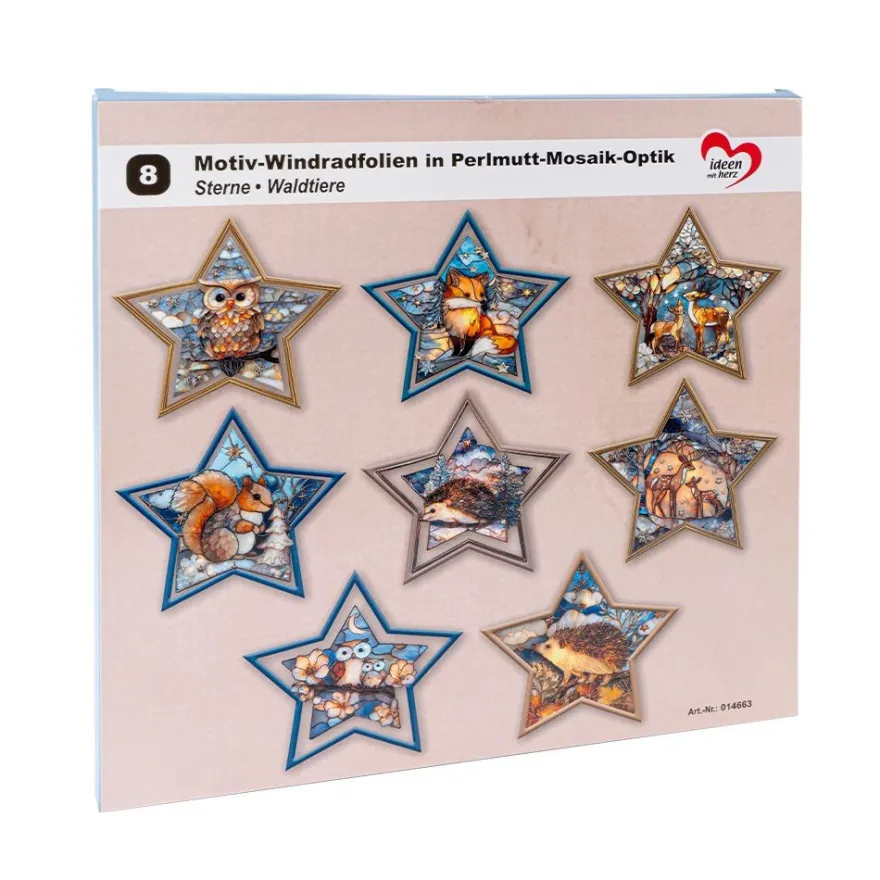 Motiv-Windradfolien, Perlmutt-Mosaik-Optik, Sterne, Waldtiere, 23,8cm x 24,9cm,, 8 Designs, 8 Stück