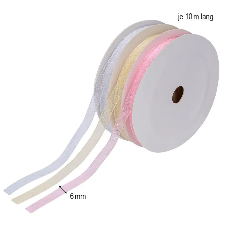 Organzabänder, je 10m lang, 6mm breit, 3 Farben: weiß, creme, rosa, 3 Stück