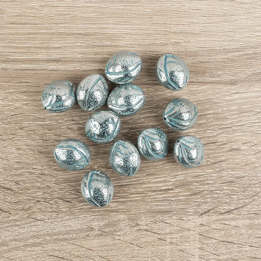 Perlen, Oval, metallic, 2cm x 1,8cm x 1,4cm, silber-türkis, 12 Stück
