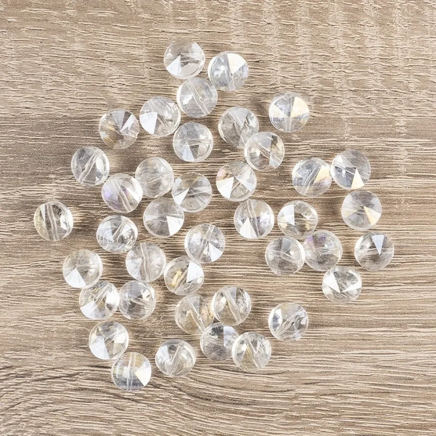 Perlen, rund, flach, Ø 1cm, facettiert, transparent, klar, irisierend, 40 Stück