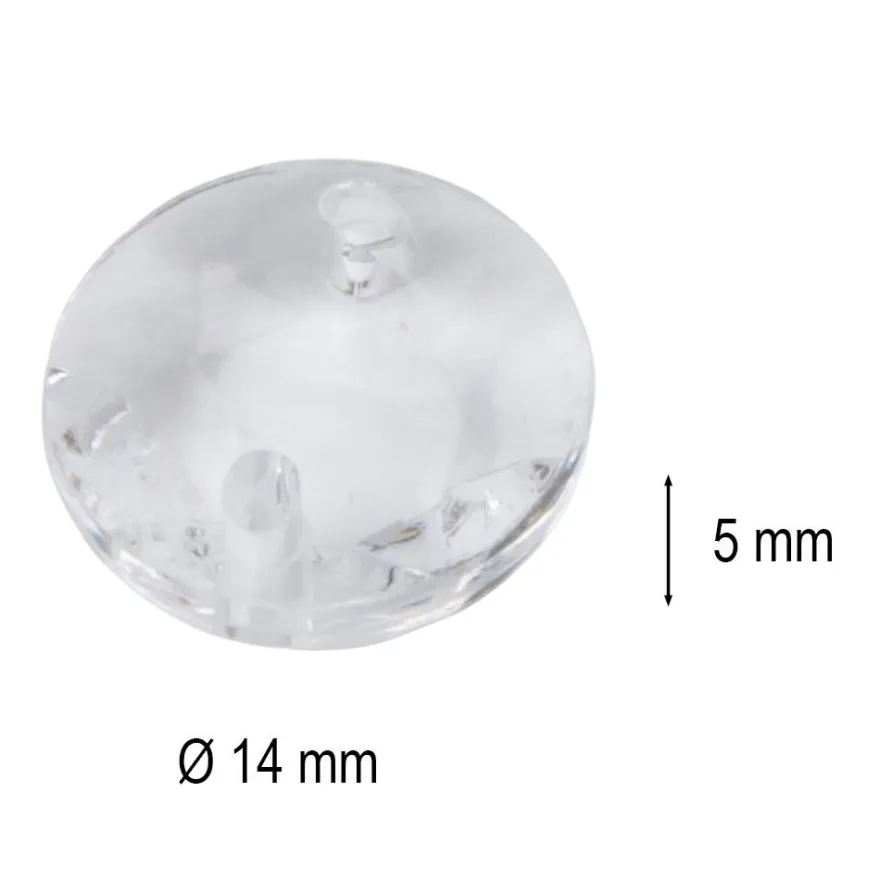 Perlen, rund/flach, Ø14mm, 5mm stark, mit je 2 Löchern, klar, facettiert, 80 Stück