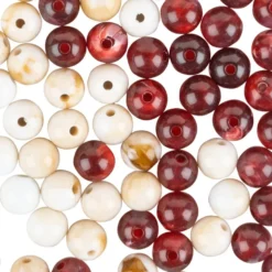 Perlen, rund, glänzend, Ø 1cm, Naturstein-Optik, naturweiß und weinrot, leicht marmoriert, 65 Stück