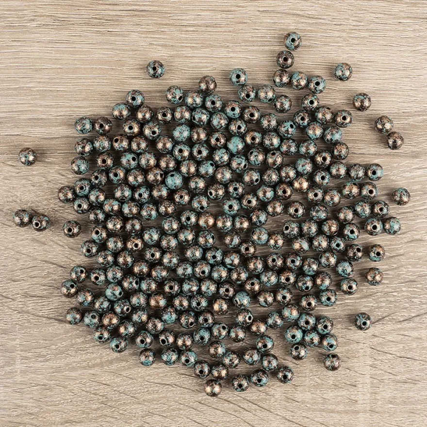 Perlen, Rund, marmoriert, Ø 0,8cm, kupfer mit grüner Patina, 230 Stück