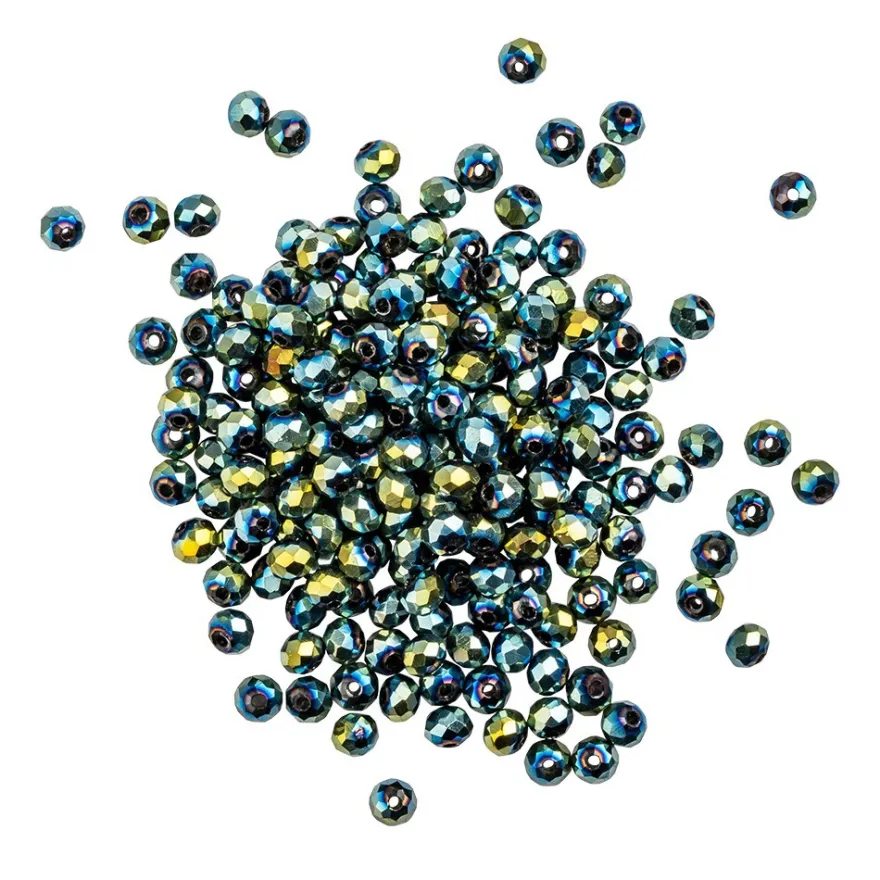 Perlen, rund, Ø 3mm, facettiert, grünblau-changierend, metallic, 200 Stück