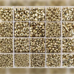 Perlen-Vielfalt in Kunststoff-Box, verschiedene Perlensorten, 500g, metallic, hellgold