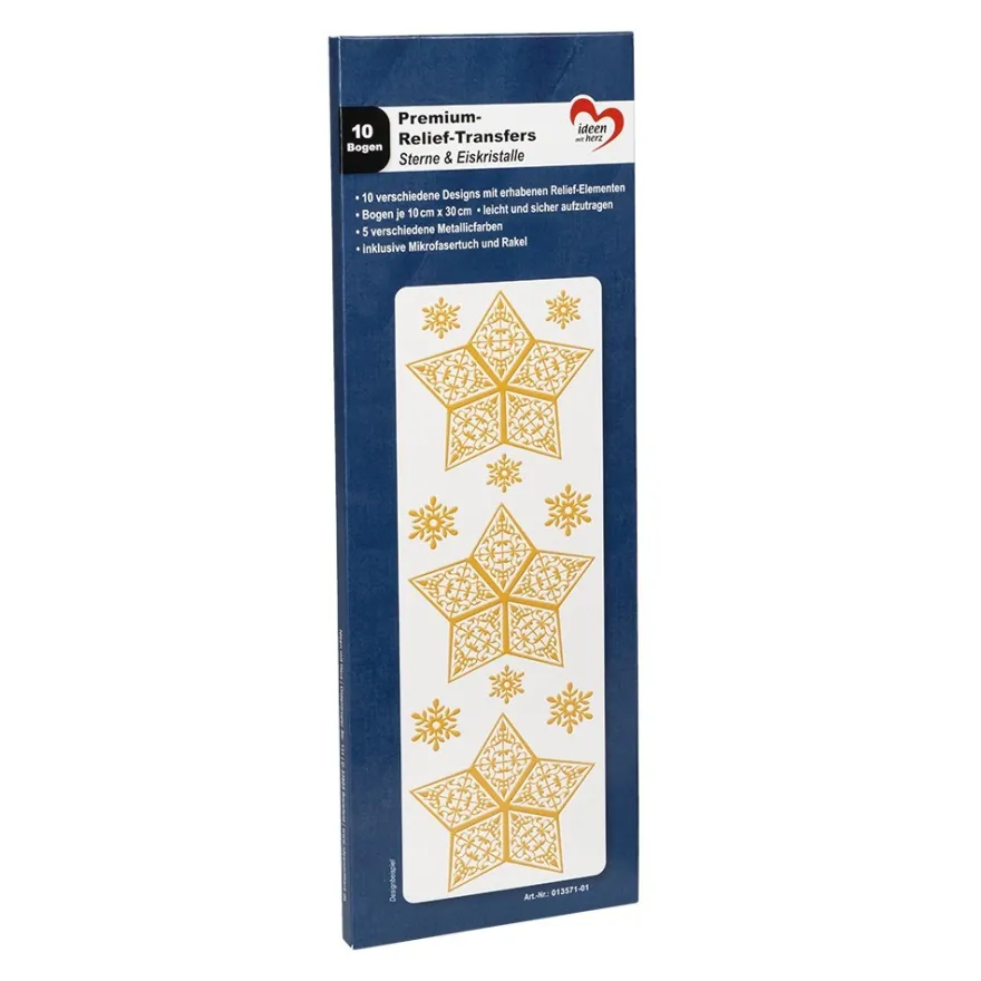 Premium-Relief-Transfers, Sterne & Eiskristalle, 10cm x 30cm, 5 Metallicfarben, 10 Bogen