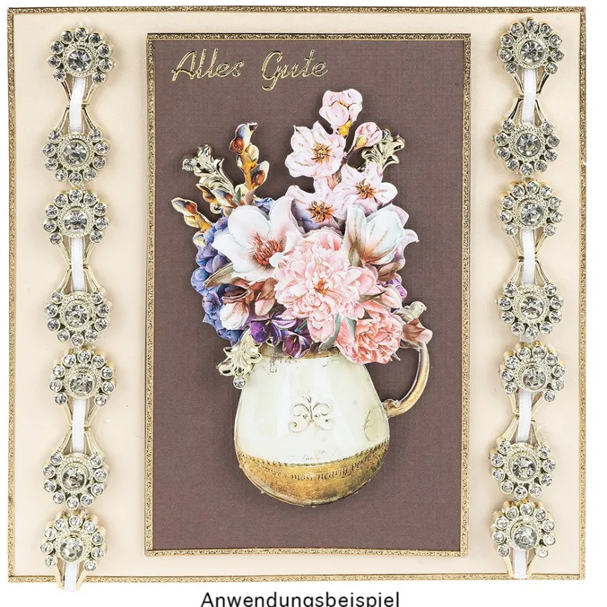 Premium-Schmucksteine, Ornament, 1,8cm x 2,2cm x 0,5cm, hellgold, mit Glaskristallen, 40 Stück