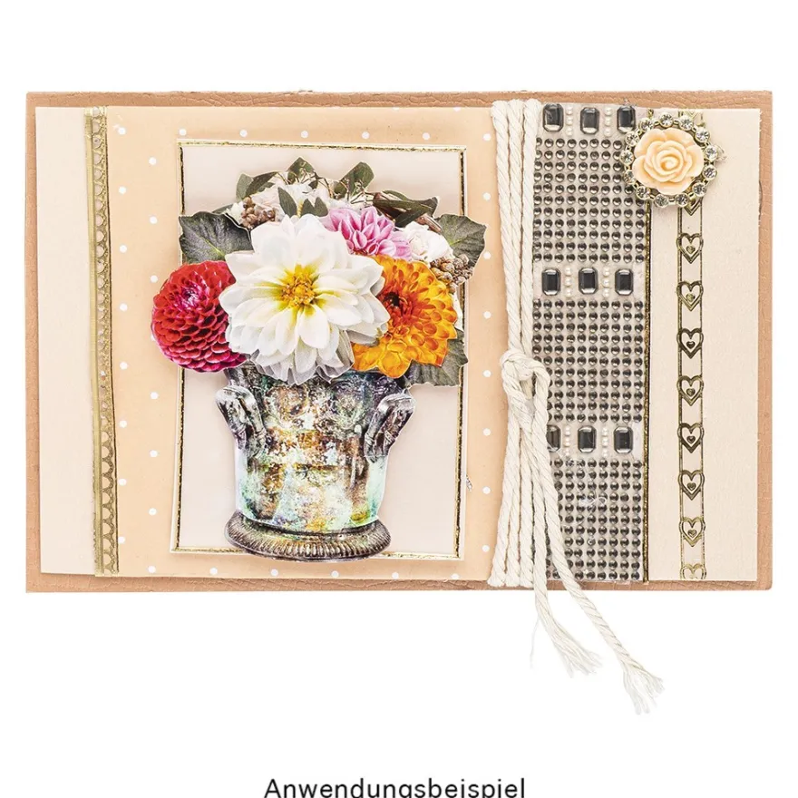 Premium-Schmucksteine, Rosenblüte 2, Ø 2cm, hellgold, mit Blüte in Lachs & Glaskristallen, 17 Stück
