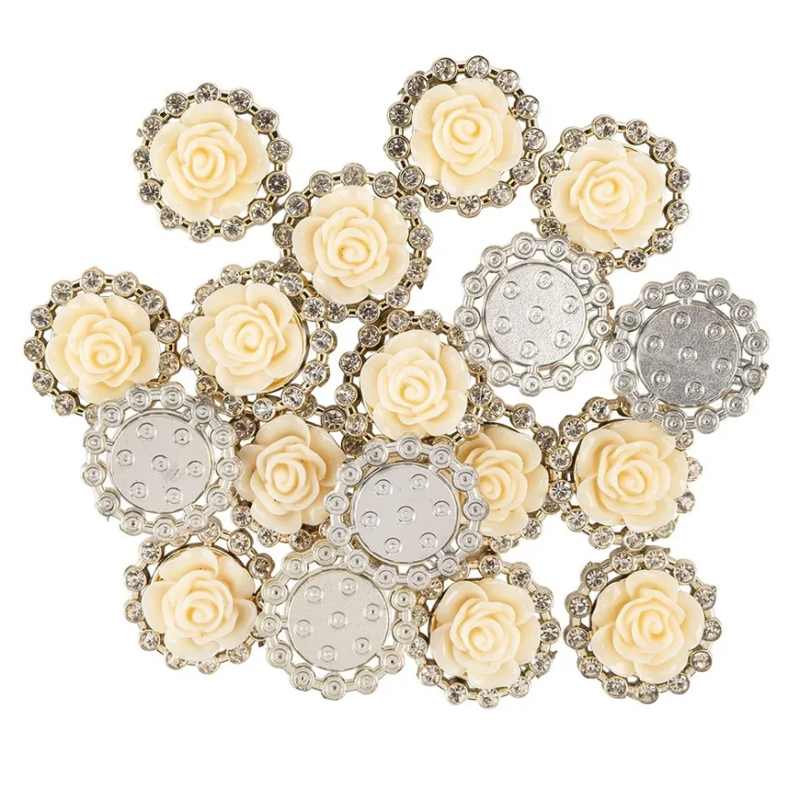 Premium-Schmucksteine, Rosenblüte 1, Ø 2cm, hellgold, mit Blüte in Creme & Glaskristallen, 17 Stück
