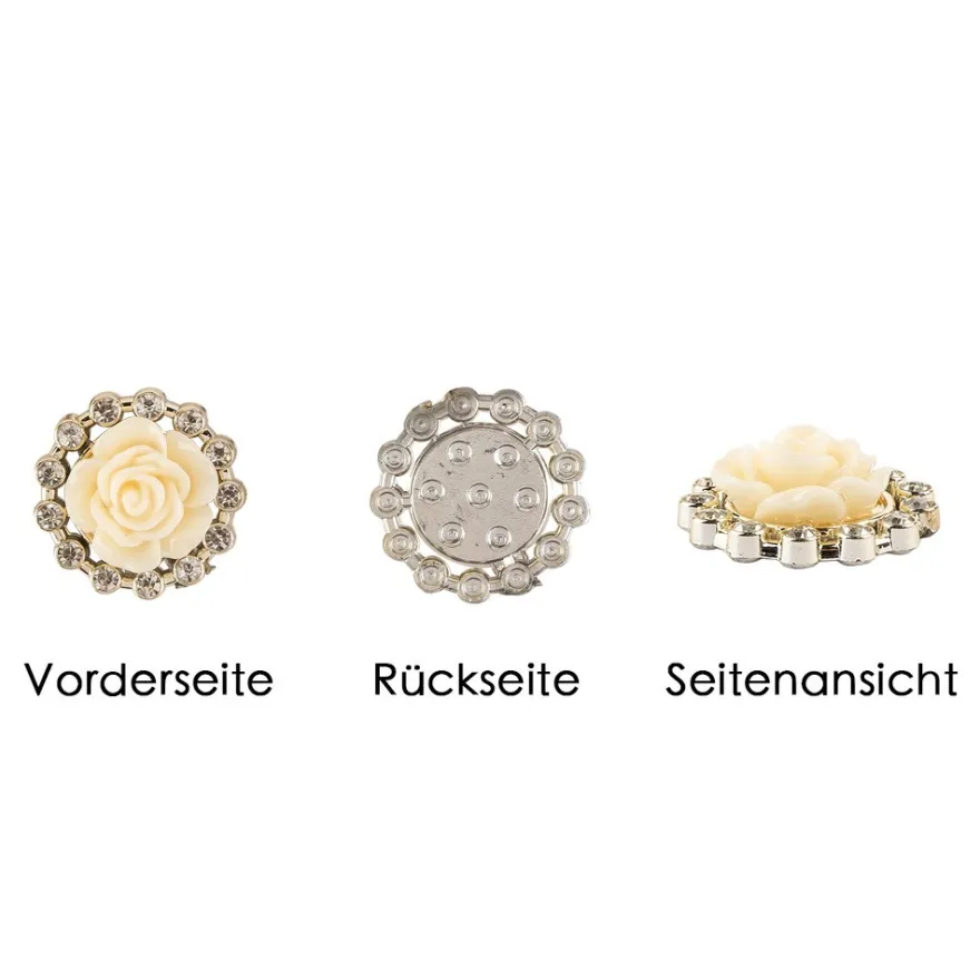Premium-Schmucksteine, Rosenblüte 1, Ø 2cm, hellgold, mit Blüte in Creme & Glaskristallen, 17 Stück