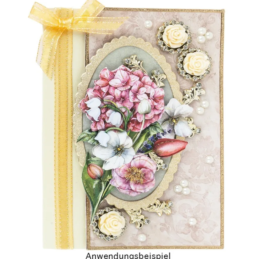 Premium-Schmucksteine, Rosenblüte 1, Ø 2cm, hellgold, mit Blüte in Creme & Glaskristallen, 17 Stück