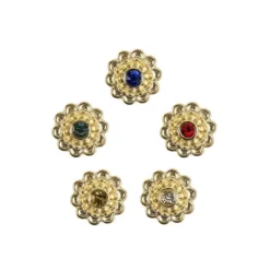 Premium-Schmucksteine, Strassblüte 1, Ø 1,5 cm, mit farbigen Glas-Kristallen, gold, 50 Stück