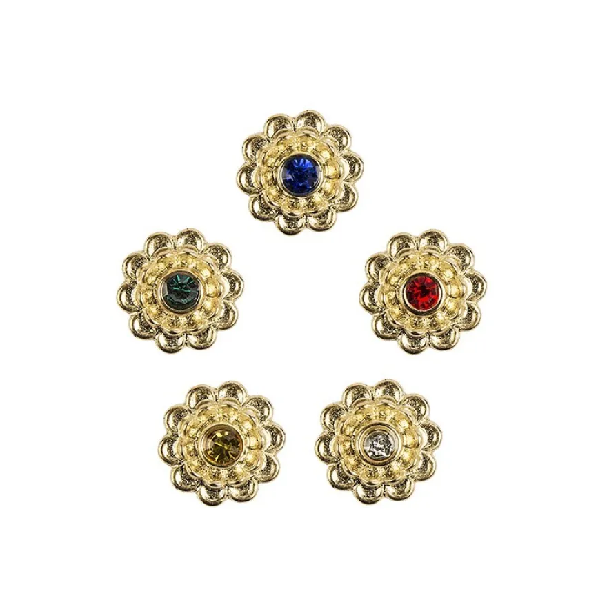 Premium-Schmucksteine, Strassblüte 1, Ø 1,5 cm, mit farbigen Glas-Kristallen, gold, 50 Stück