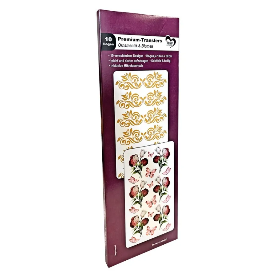 Premium-Transfers, Ornamentik & Blumen, 10cm x 30cm, Goldfolie & farbig, 10 Bogen