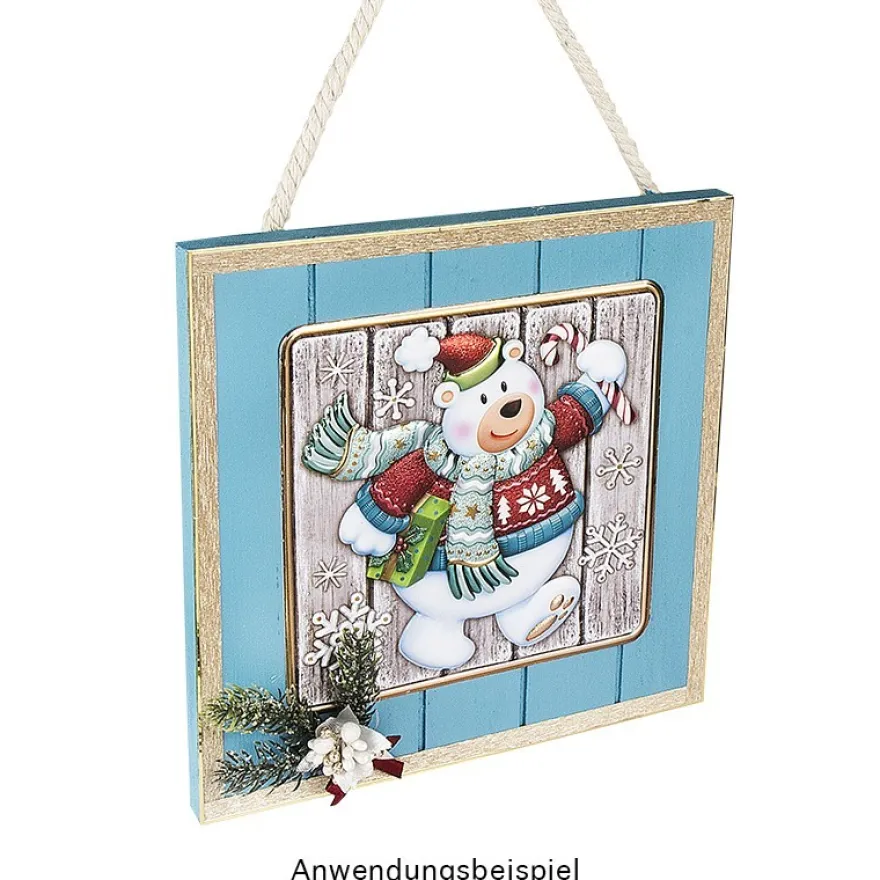 Relief-Sticker, Eisbär auf Holzpaneelen, Holz-& Metallic-Optik, 18cm x 17,5cm