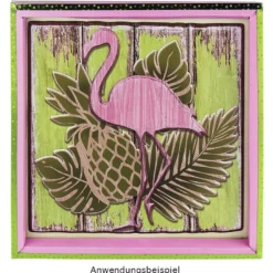 Relief-Sticker in Holz-Optik, Flamingo auf Holzpaneelen, 18 cm x 17,5 cm