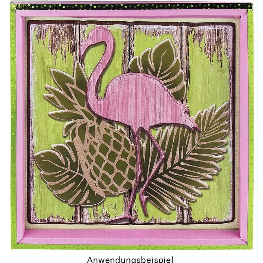 Relief-Sticker in Holz-Optik, Flamingo auf Holzpaneelen, 18 cm x 17,5 cm