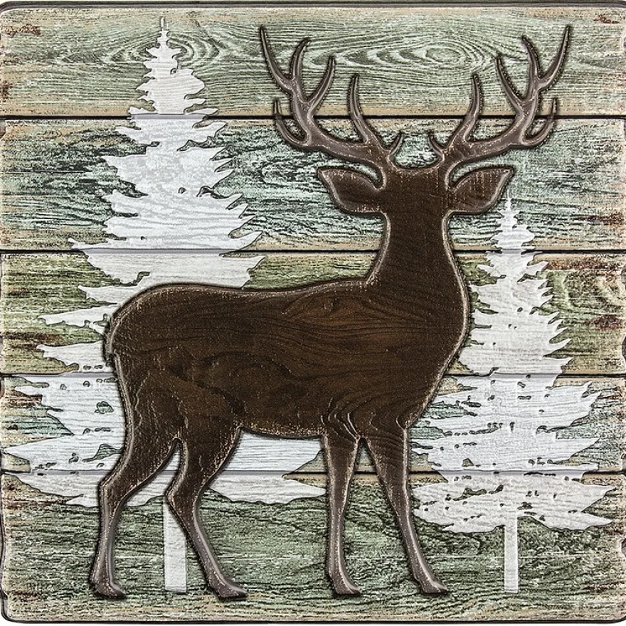 Relief-Sticker in Holz-Optik, Hirsch 2 auf Holzpaneelen, 18 cm x 17,5 cm