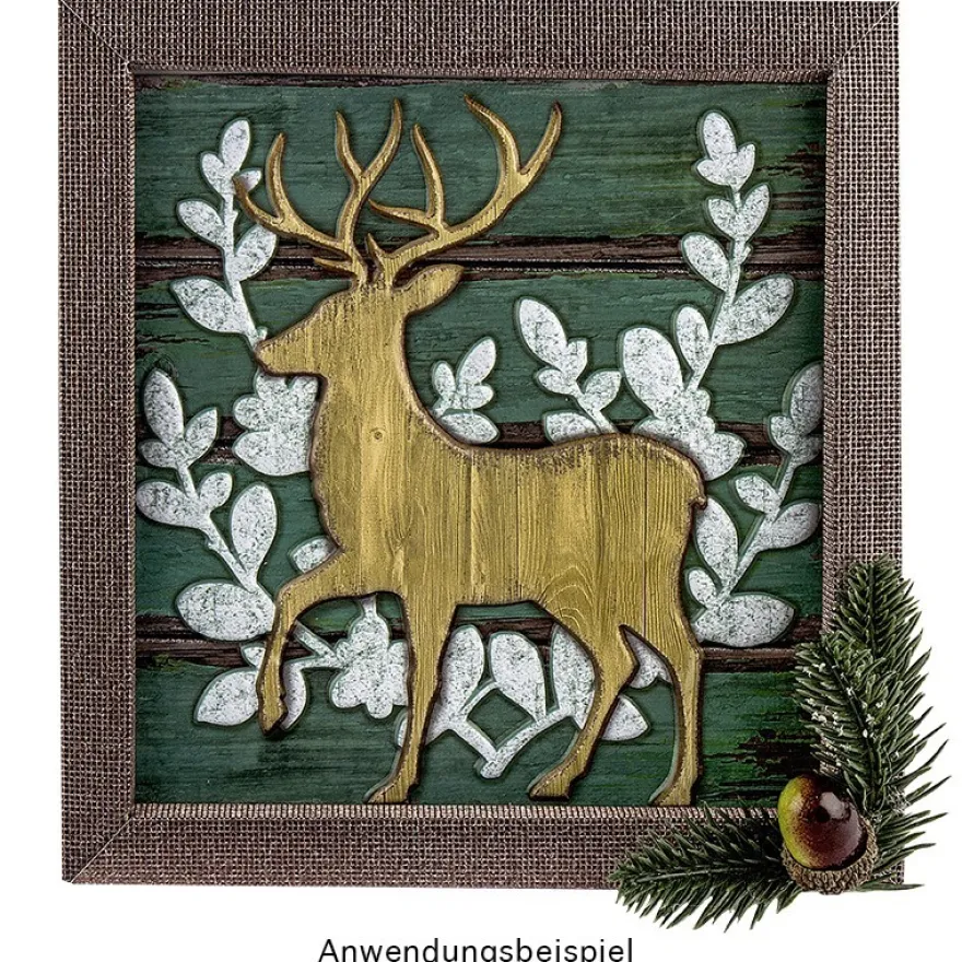 Relief-Sticker in Holz-Optik, Hirsch 1 auf Holzpaneelen, 18 cm x 17,5 cm