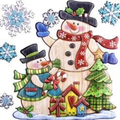 Relief-Sticker in Holzoptik, Schneemänner, 18cm x 17,5cm