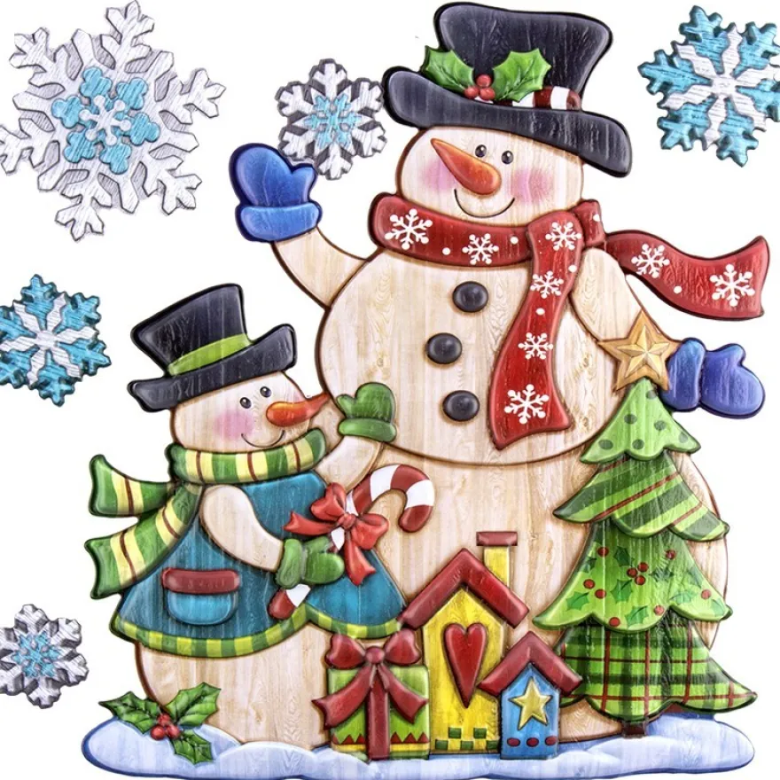 Relief-Sticker in Holzoptik, Schneemänner, 18cm x 17,5cm