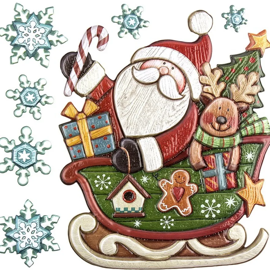 Relief-Sticker in Holzoptik, Weihnachtsmann mit Schlitten, 18cm x 17,5cm
